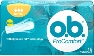 Slika  o.b.® ProComfort™ Normal pakovanja. Ovaj proizvod ima tri kapljice, što ukazuje da se preporučuje za srednje  do jako krvarenje.