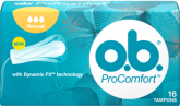 Slika  o.b.® ProComfort™ Normal pakovanja. Ovaj proizvod ima tri kapljice, što ukazuje da se preporučuje za srednje  do jako krvarenje.